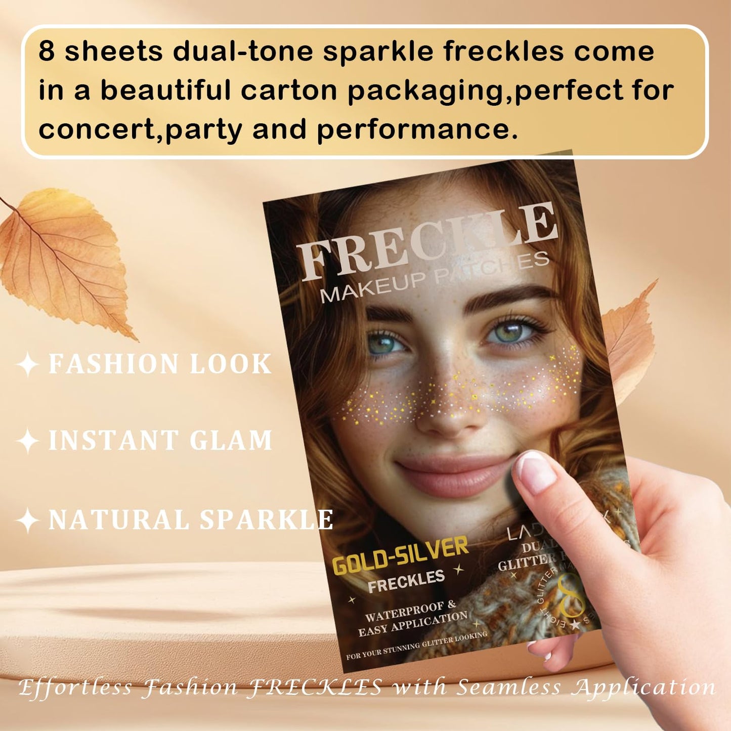 8 Pcs Gold Face Makeup Patches, Gold & Silver Glitter Freckles Face Tattoo, Glitter Freckles, Sparkle Makeup Patches, Waterproof Face Glitter Speckles Patches for Women