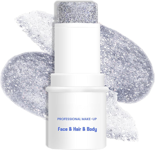 Silver Body & Face Glitter Makeup Stick, Multiuse Waterproof Glitter Gel for Face Body Hair Eye Lip, Holographic Sequins Paint Stick, Mermaid Accessories Makeup