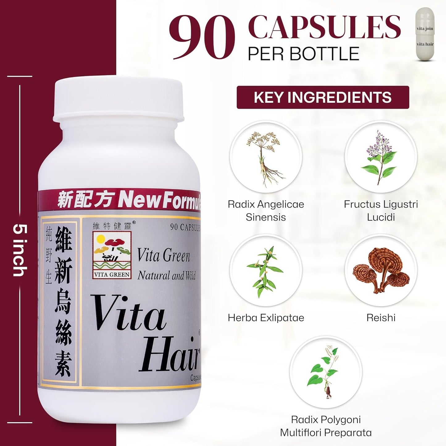 Vita Green Hair Growth Supplement (維新烏絲素) – Herbal Support for Thinning and Graying Hair – Naturally Simulates Follicles to Encourage Fuller, Healthier Hair – 90 Capsules