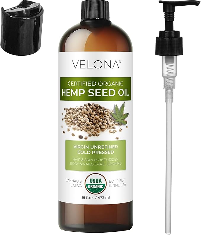 velona Hemp Seed Oil USDA Certified Organic - 16 Fl Oz | 100% Pure and Natural Carrier Oil | Unrefined, Cold Pressed | Hair, Body, Face & Skin Care