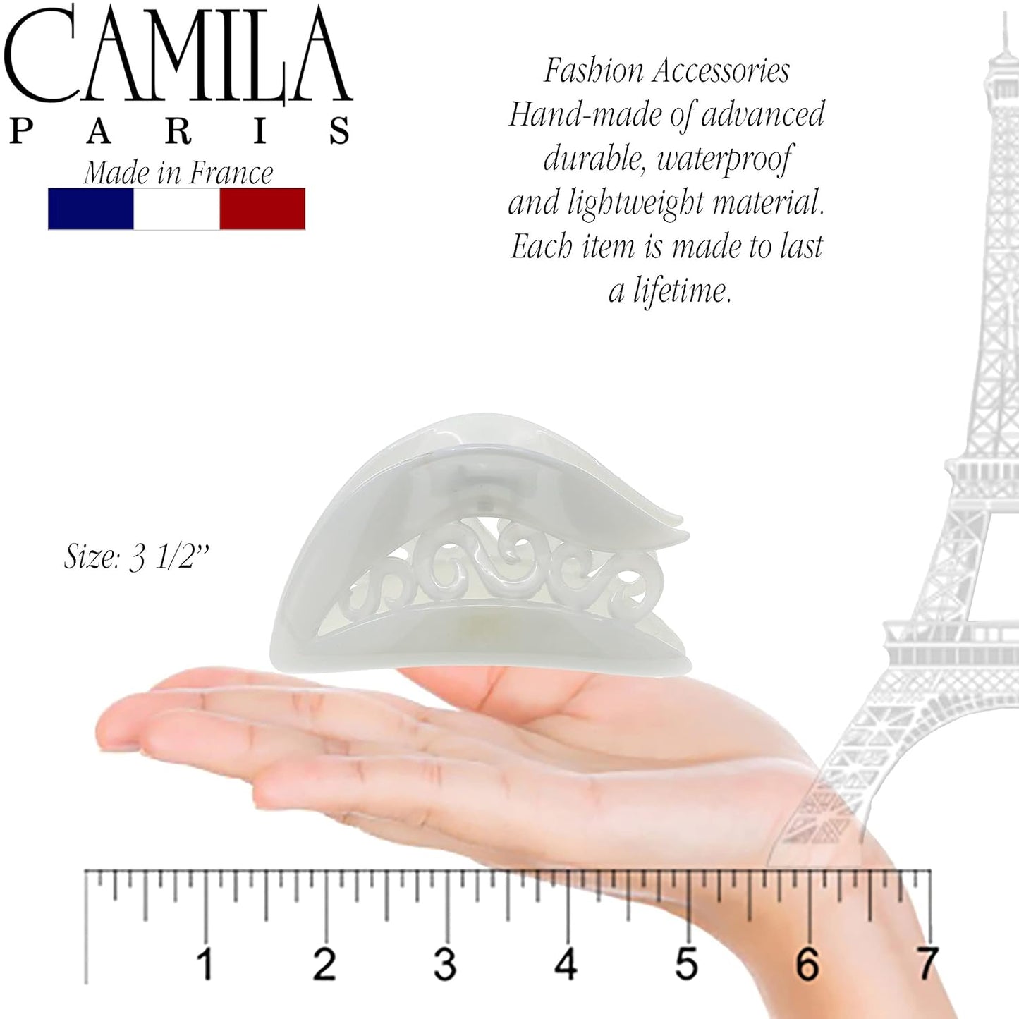 Camila Paris CP3213 French Hair Clip for Women for Thick Hair for Long Curly Wavy Hair, White, Girls Hair Claw Clips Jaw, Styling Big Claw Clip for Thick Hair, Strong Hold No Slip Grip, Made in France