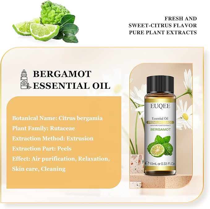 Bergamot Essential Oil Pure Bergamot Oil with Glass Dropper for Diffusers, Humidifier, Candle Making, DIY Soap (10 ml / 0.33 oz)