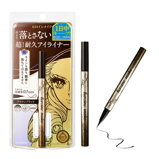 Heroine Make by KISSME Liquid Eyeliner Pen for Intense Color & Ultra-Fine 0.1mm Tip, Waterproof Eyeliner with Organic Beauty Serum, Cat Eye Liner for Long Lasting Eyelines, Brown Black, 1 EA, PRIME
