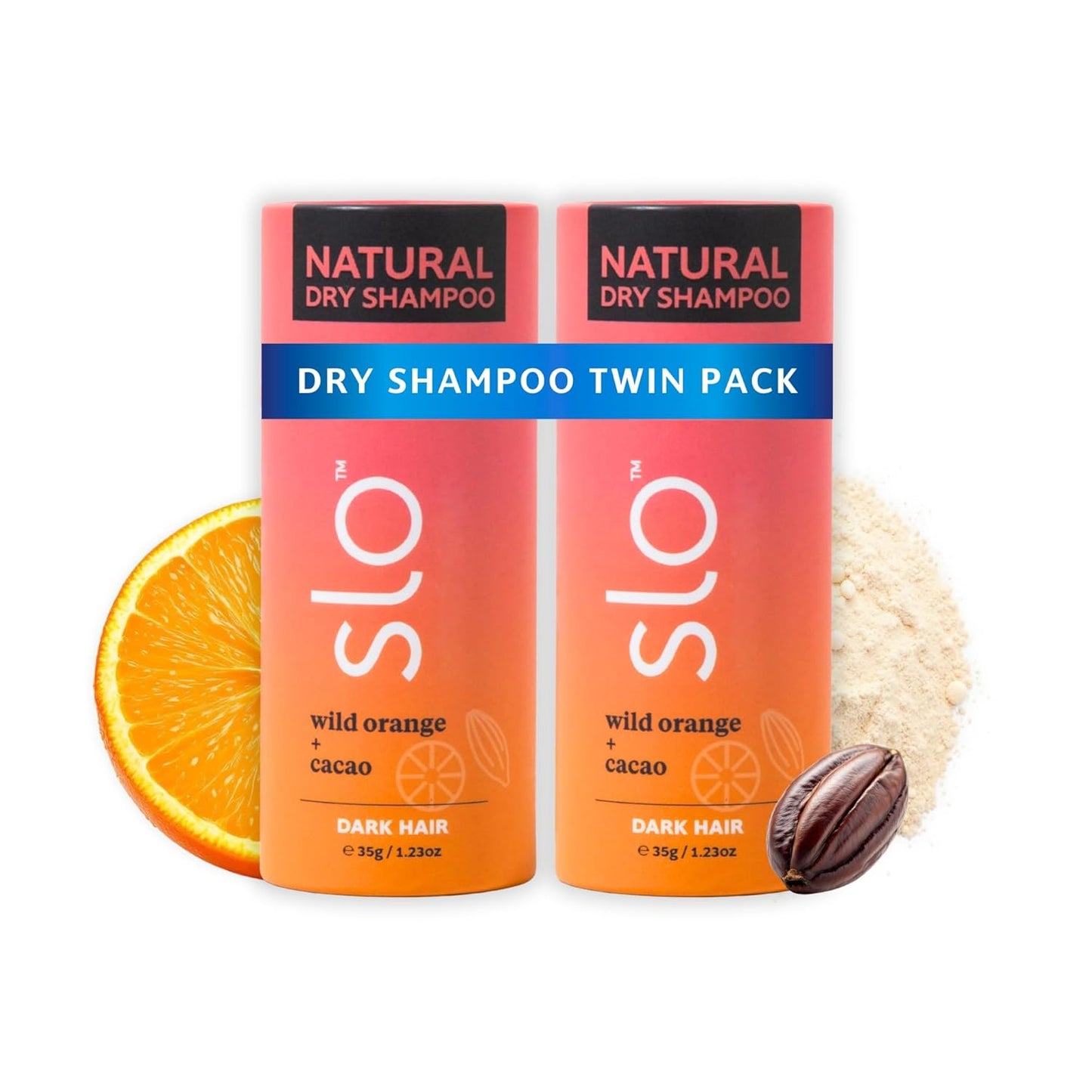 Slo | Natural Dry Shampoo Powder For Dark Hair - All Natural Ingredients, Vegan & Cruelty Free, Talc-Free Blend | Dark Hair Wild Orange + Cacao | 2 Pack (2 x 1.23oz/35g)