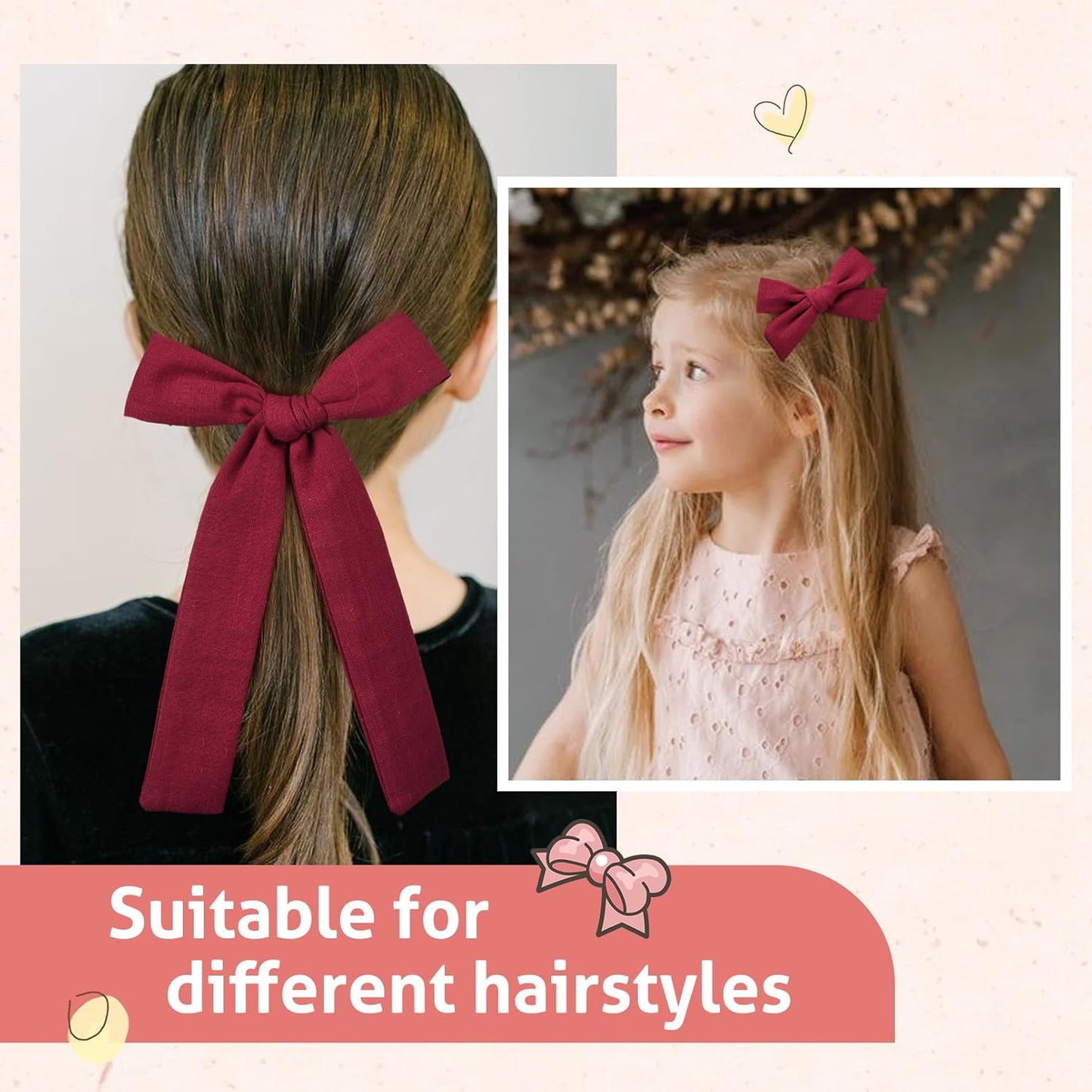 DEEKA Burgundy Cotton Linen Hair Bows 2 Sizes 5"&3.5" Soft Hair Bow set for Toddler Girls Long Ponytail Knot Bows Alligator Clip Hair Accessories for Little School Girls (Burgundy)