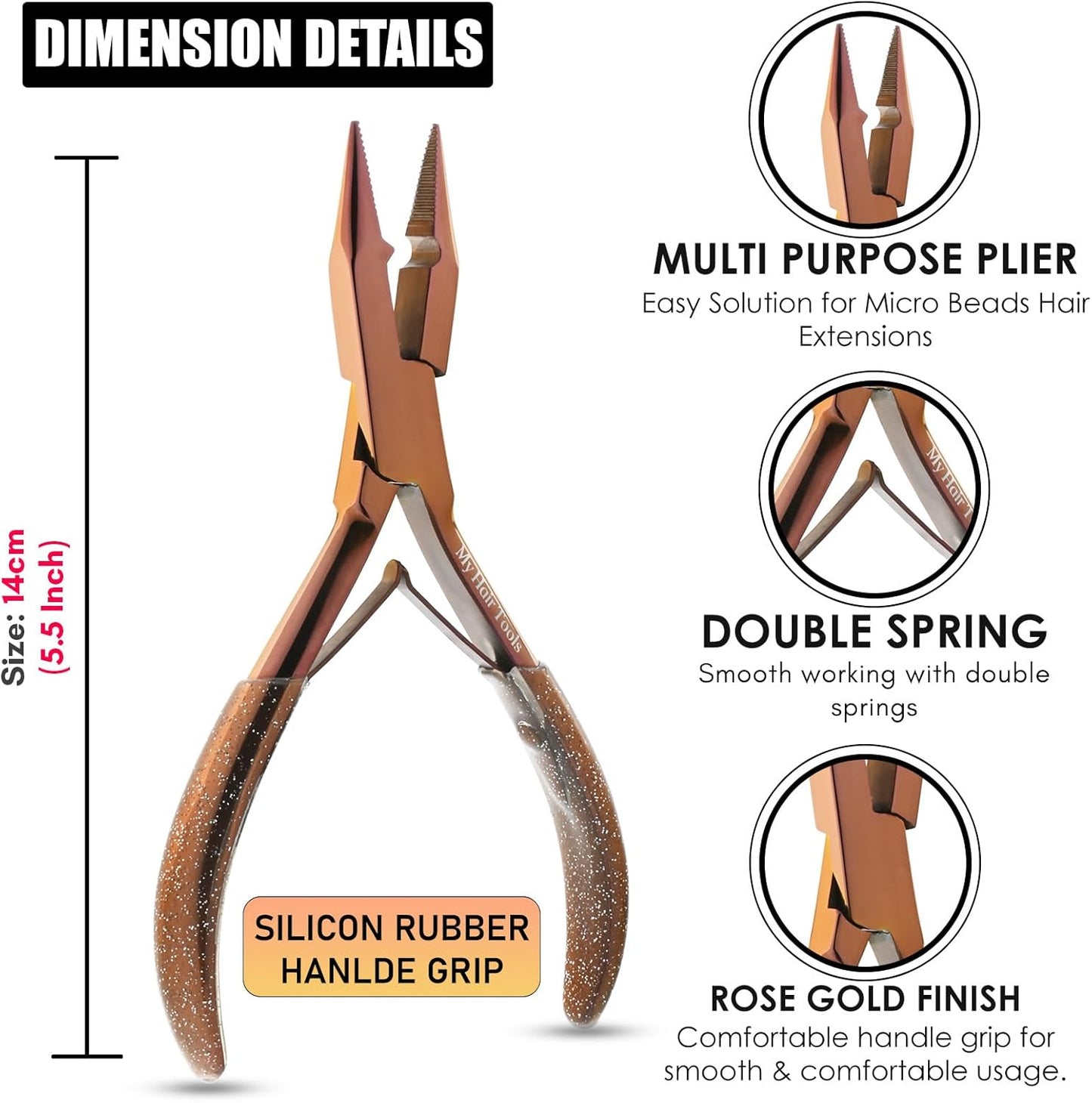 Professional Hair Extension Tools Microlink Bead Remover Plier for Hair Extensions Removal Micro Ring Beads Opener 5.5 Inch Pliers Silver Polish Stainless Steel (Rose Gold Glitter Applicator)