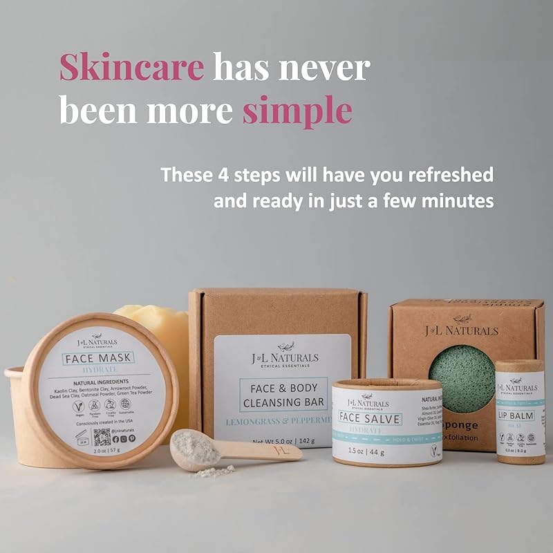 J&L Naturals Exceptional Skin Regimen Kit With Cleansing Bar, Face Salve, Konjac Sponge, Lip Balm | For Oily, Dry, Mature, and Combination Skin | Zero Waste (Hydrate (dry skin), Exceptional)