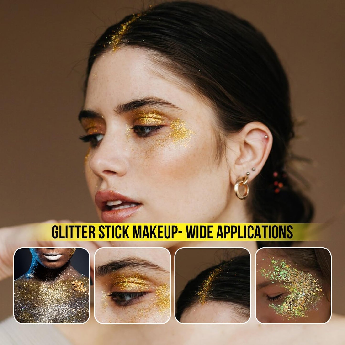 Brzeaf Waterproof Golden Glitter Stick, Halloween Glitter Makeup, Shimmery & Long Lasting, Chunky Glitter for Face/Body/Hair/Eyes/Lip, Singer Concert Music Halloween Christmas Rave Festival