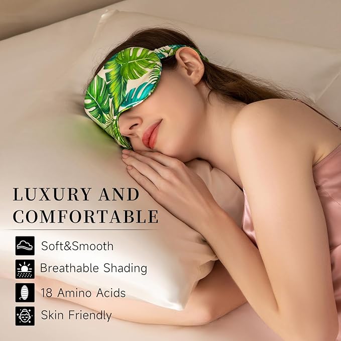 THXSILK Sleep Mask 100% 19 Momme Pure Mulberry Silk Super Smooth Cooling Decorative Sleep Eye Mask Blackout Eye Cover with Wide Head Strap, Monstera-Green