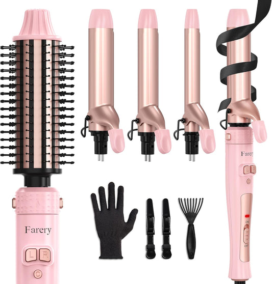 FARERY 4-in-1 Interchangeable Automatic Rotating Curling Iron & Thermal Brush Set, 0.75''/1''/1.25'' Curling Iron & 1.5'' Heating Round Curling Brush, ONE Heat 410°F, Pink