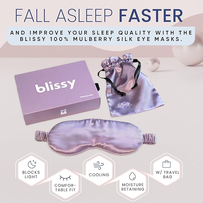 Blissy Silk Sleep Mask - Silk Eye Sleeping Mask for Women & Men for Total Blackout - 100% Pure Mulberry Silk, 22 Momme 6a Fibers - Blindfold Silk Sleep Mask Side Sleeper Eye Cover (Lavender)