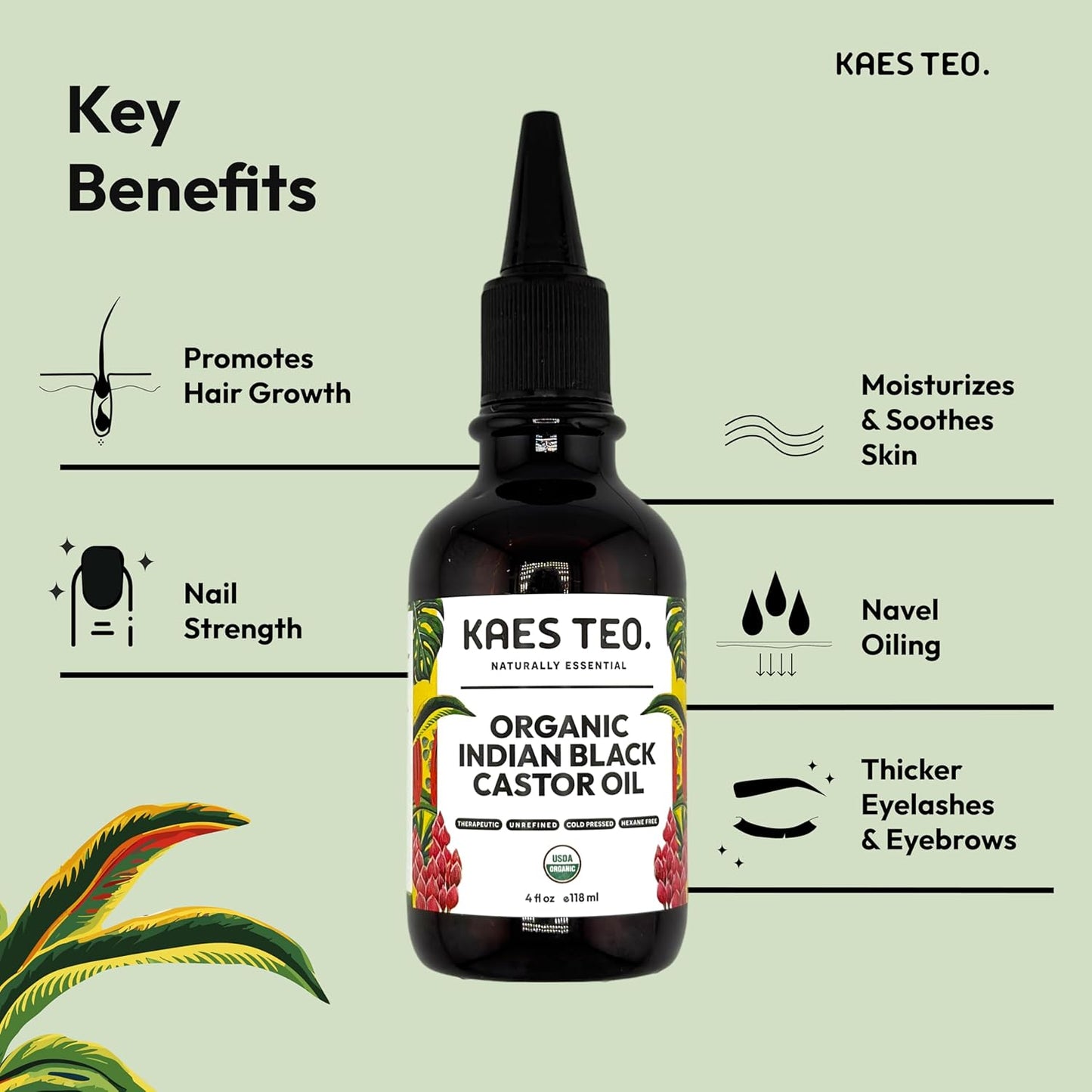 Organic Black Castor Ayurvedic Hair Oil Hexane Free, Boost Hair Growth, Not Jamaican Black Castor Oil, 100% Pure, Cold Pressed, USDA Certified, Skin, Nail, Scalp, Eyebrows & Lashes 4 fl oz