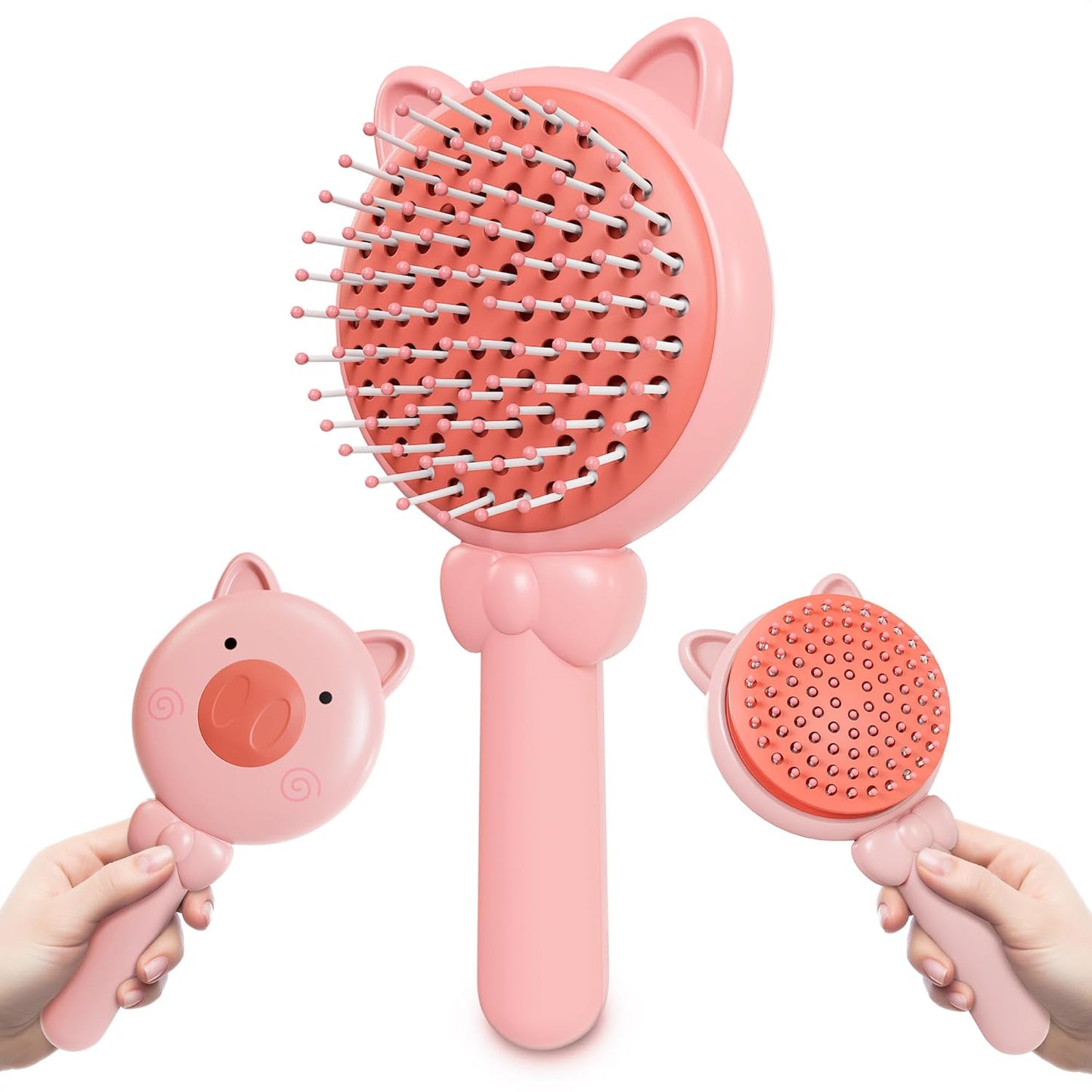 Retractable Hair Brush Pink Pig Designed - Compact 7.87 х 3.66 Inches Self Cleaning Hair Brush for Women with Magnetic Attach - Effective Detangling & Self Cleaning Hairbrushes with Soft Bristles