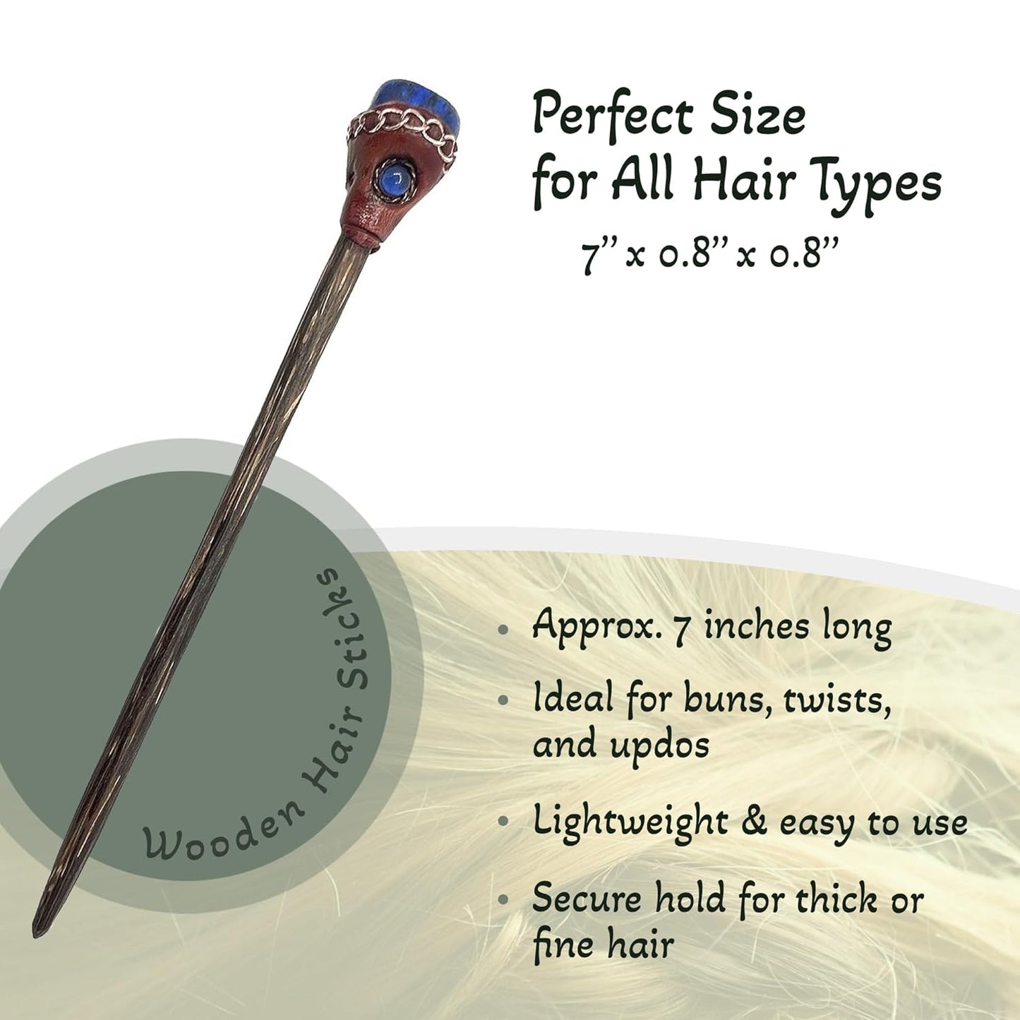 Mia Jewel Shop - Natural Tumbled Healing Gemstone Crystal Chonta Wooden Hair Sticks – Handmade Hair Sticks for Women | Hair Pins Boho Reiki Accessories, Fashion Gifts (Blue Lapis Lazuli)