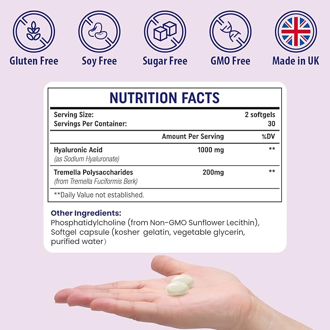 Liposomal Hyaluronic Acid Supplements 1000mg-High Bioavailable Dietary Hyaluronic Acid Capsules-with 200 mg Tremella Polysaccharides for Double Strength Skin Hydration,Joint Lubrication,2 Pack