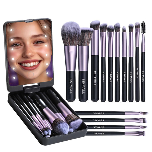 BS-MALL Travel Makeup Brush Set Foundation Powder Concealers Eye Shadows Makeup Set with LED light Mirror 14 Pcs (Purple)…
