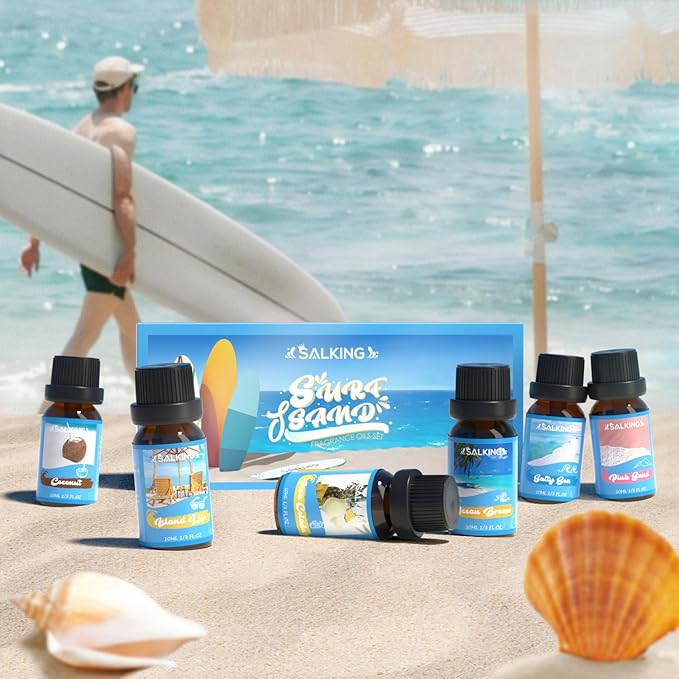 SALKING Surf & Sand Fragrance Oils, Premium Essential Oil for Diffuser, Scented Oil Gift Set for Soap Candle Making - Ocean Breeze, Salty Sea, Pink Sand, Coconut, Island Life, Pina Colada