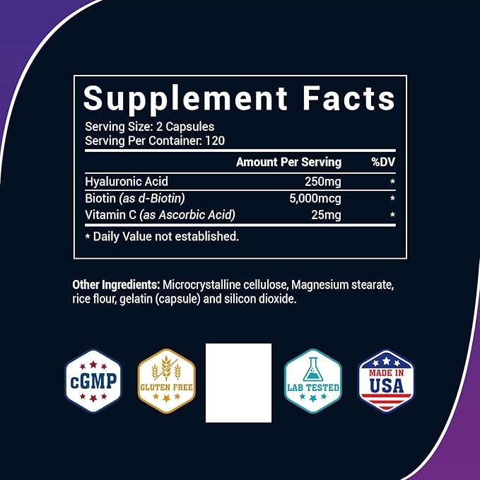 Hyaluronic Acid Supplements - 250mg Pure Hyaluronic Acid with Vitamin C & Biotin - Hyaluronic Acid Capsules for Skin, Hair & Joint Support - 240 Capsules
