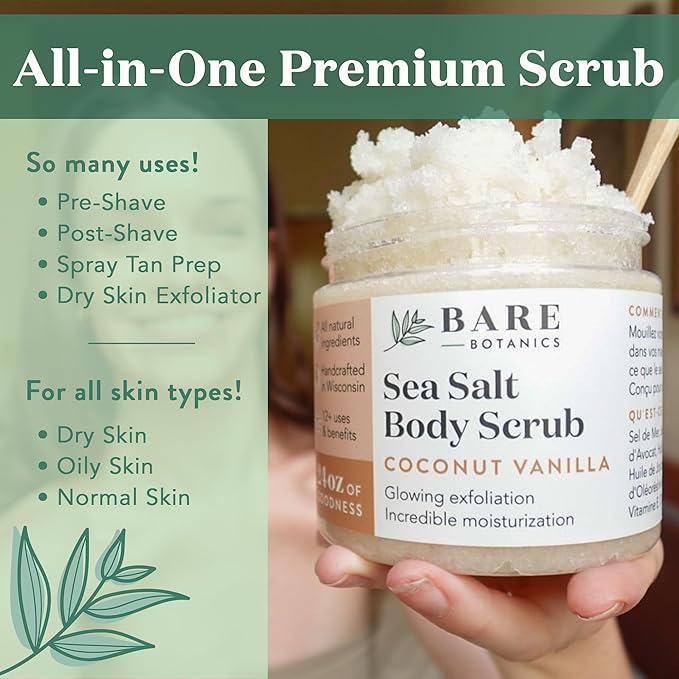 Bare Botanics Coconut Vanilla Body Scrub 24oz | Made in Madison, WI | All Natural Sea Salt Exfoliator w/ Skin Loving Moisturizers | Vegan & Cruelty Free | Gift Ready Packaging w/ a Cute Wooden Spoon