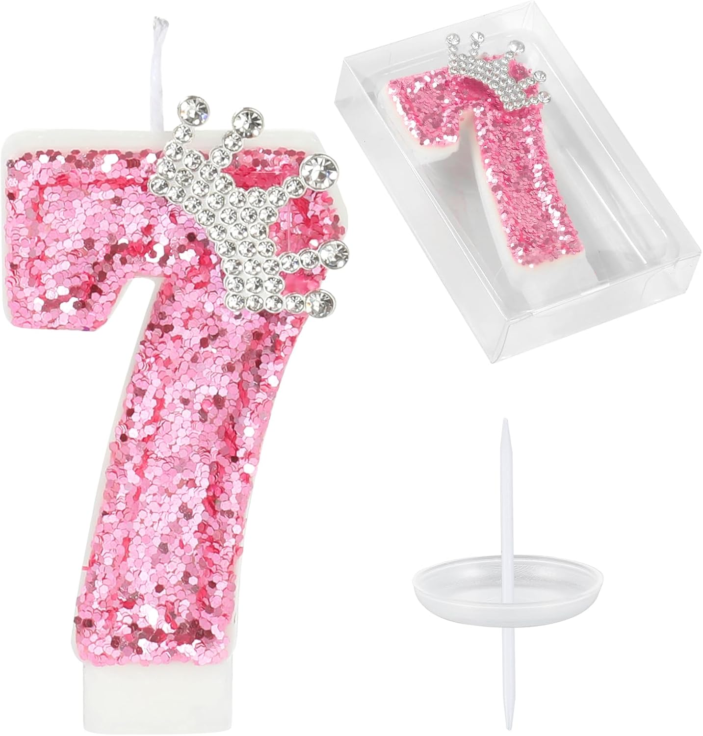 Birthday Number Candles,Pink Crown Birthday Candles for Cake,Glitter Number 7 Candle Cake Topper with Sequins for Girls,Women, Anniversary Celebrations Supplies (Pink 7)