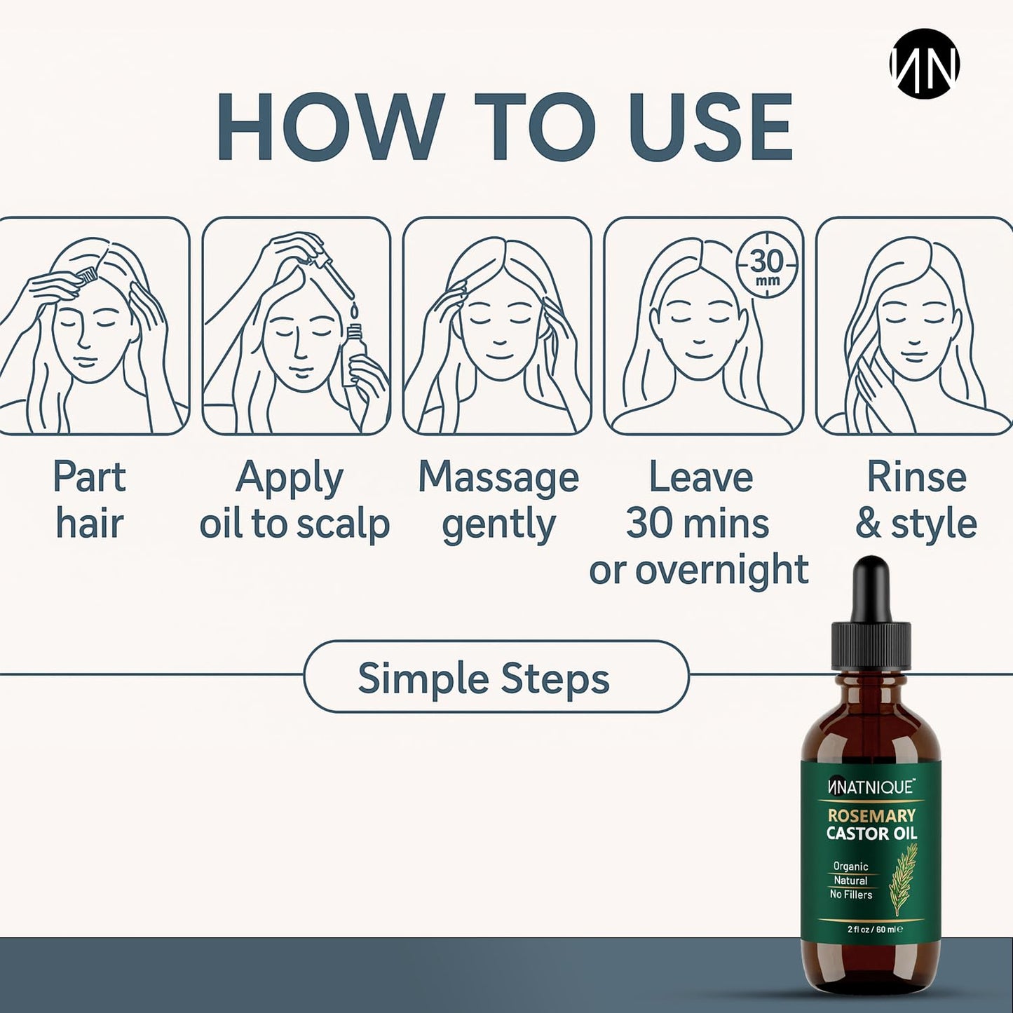 Natnique Rosemary Castor Oil – 100% Pure Cold-Pressed Organic Hair Growth Oil, Hexane-Free Scalp Serum & Moisturizing Treatment for Dry Scalp, Fuller Hair, Stronger Roots & Natural Care – 2oz