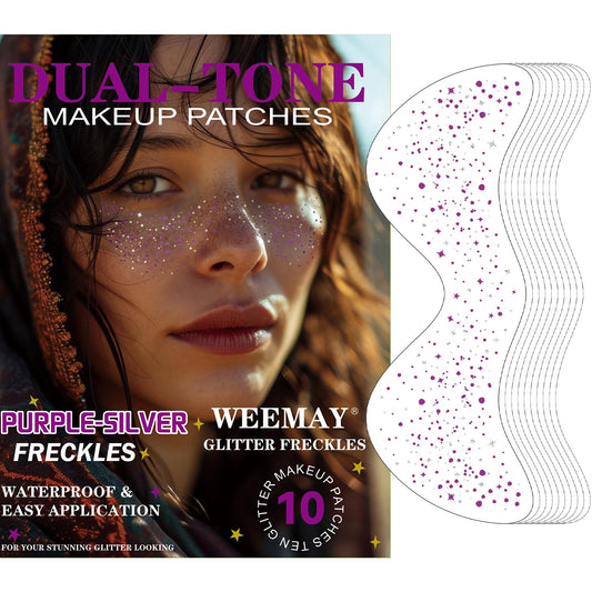 10 Pcs Purple and Silver Dual-tone Glitter Freckles, Halloween Glitter Freckle Face Tattoos, Waterproof Face Sparkle Temporary Tattoos, Long-lasting 48h Halloween Makeup for Women and Kids