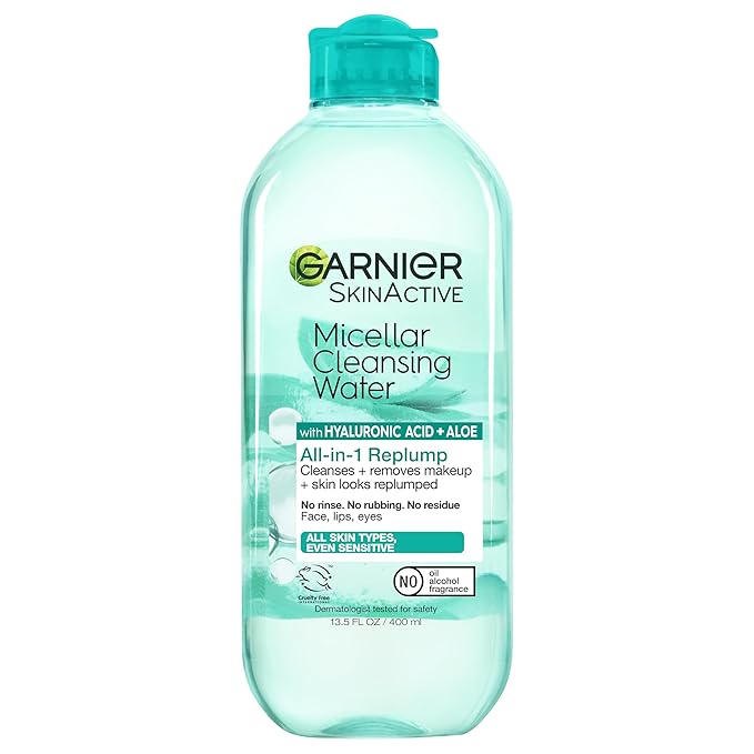 Garnier Micellar Water with Hyaluronic Acid, Facial Cleanser & Makeup Remover, Hydrating and Plumping, For All Skin Types, Vegan, Cruelty Free, 13.5 Fl Oz (400mL), 1 Count