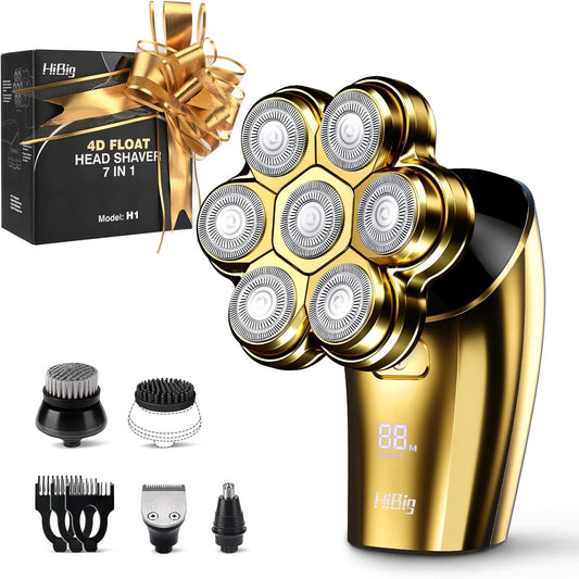 Head Shavers for Bald Men - 7D Arc Magnetic Detachable Electric Razor, Waterproof Wet Dry 5-in-1 Electric Shaving & Grooming Kit, LED Display Rechargeable Head & Body Hair Shaver, Gold