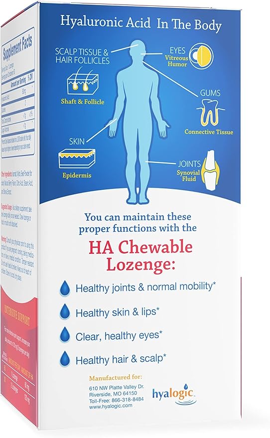 Hyalogic Hyaluronic Acid Chewable Lozenge - Chewable Tablets for Skin Care & Eyes – Vegan, Sugar-Free and Berry Favored Hyaluronic Acid Supplements (60 Count)