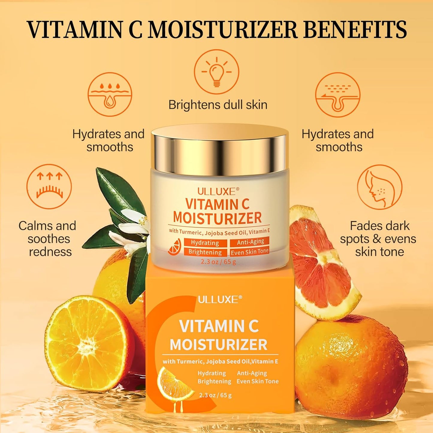 Vitamin C Face Moisturizer, Brightening & Anti-aging Face Cream with Turmeric for Dark Spots, Wrinkles & Uneven Tone, Glowing Skin Care Hydrating with Niacinamide & Squalane for All Skin Types, 2.3 Oz