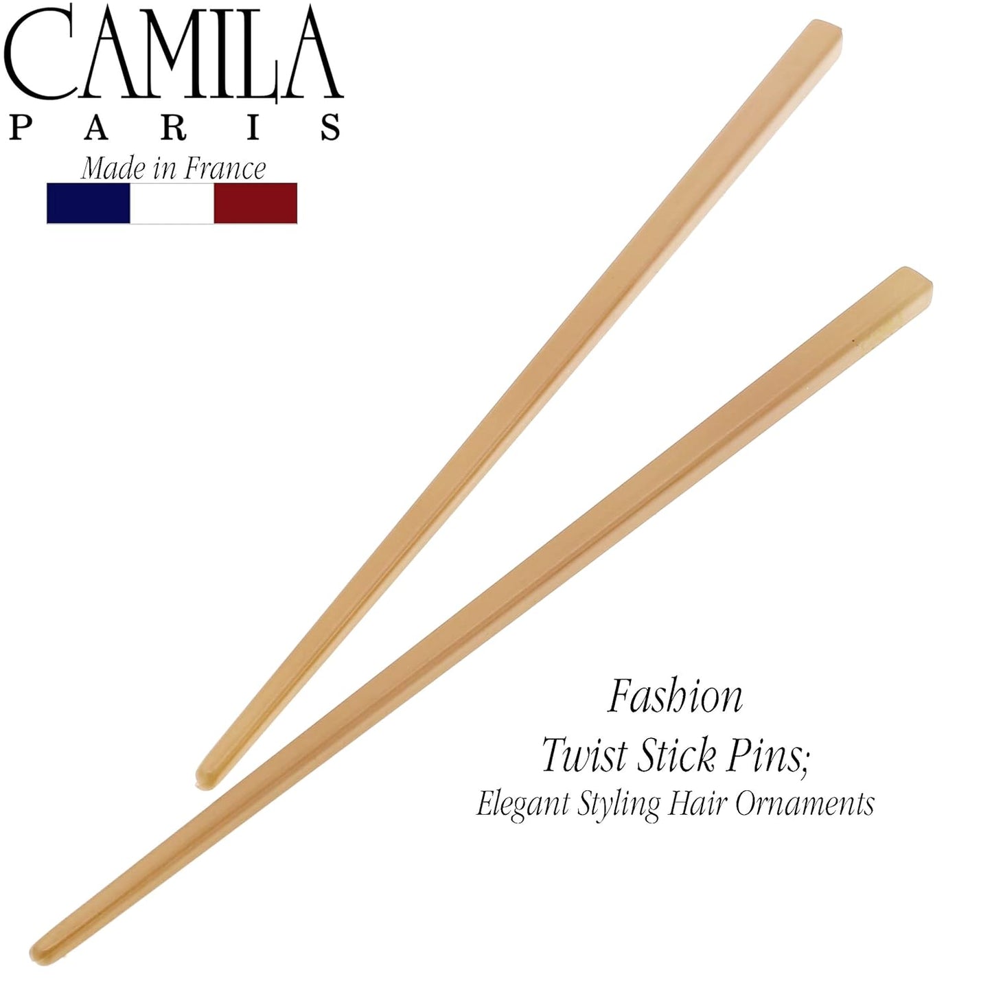 Camila Paris CP3380 French Twist Stick Hair Pin, Set of 2 Beige, Girls Chopsticks Hair Pins for Girls Spiral Updo Chignon Bun Holder, Styling Hair Accessories for Women, Made in France