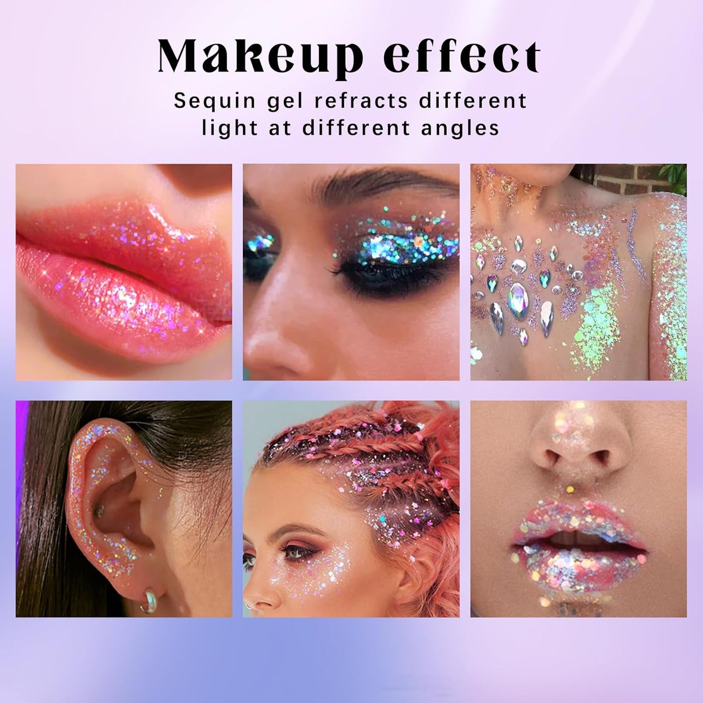 2 Colors Roll-on Body Glitter Gel, Holographic Glitter Gel Under Light for Face Hair, Body Shimmer for Rave Accessories Christmas New Year Halloween Makeup (11+12)