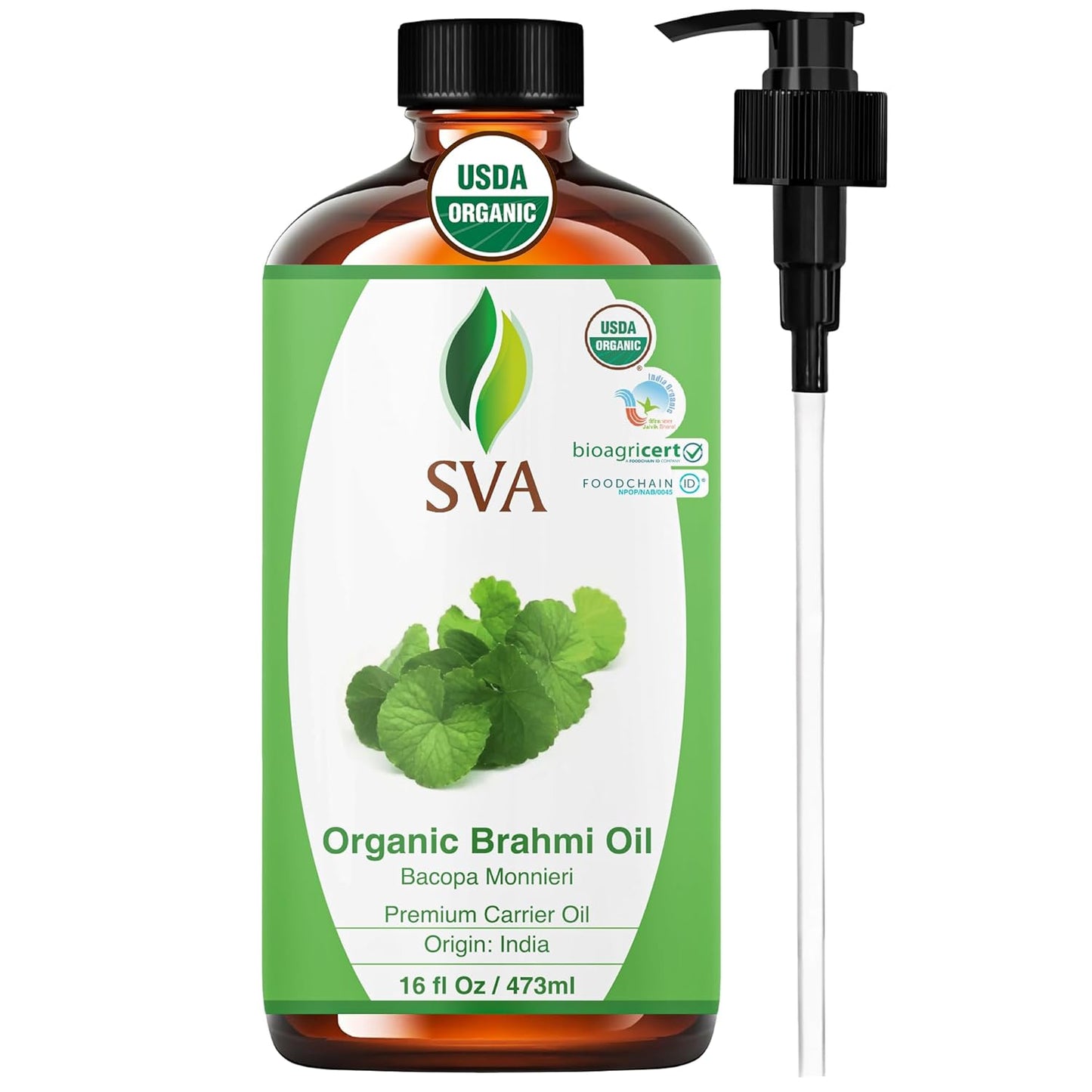 SVA Brahmi Oil Organic - 16 Fl Oz – 100% Natural Cold Pressed Organic Brahmi- for Face, Skin Care, Hair Care, Scalp Massage & Body Massage – Carrier Oil