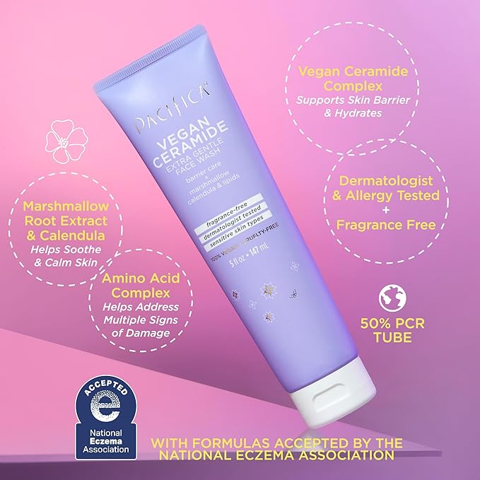 Pacifica Face Wash for Sensitive Skin Facial Cleanser Vegan Ceramide Barrier Repair Extra Gentle for Daily Fragrance Free for Sensitive Skin, Clean Beauty, Vegan & Cruelty-Free Dermatologist Tested