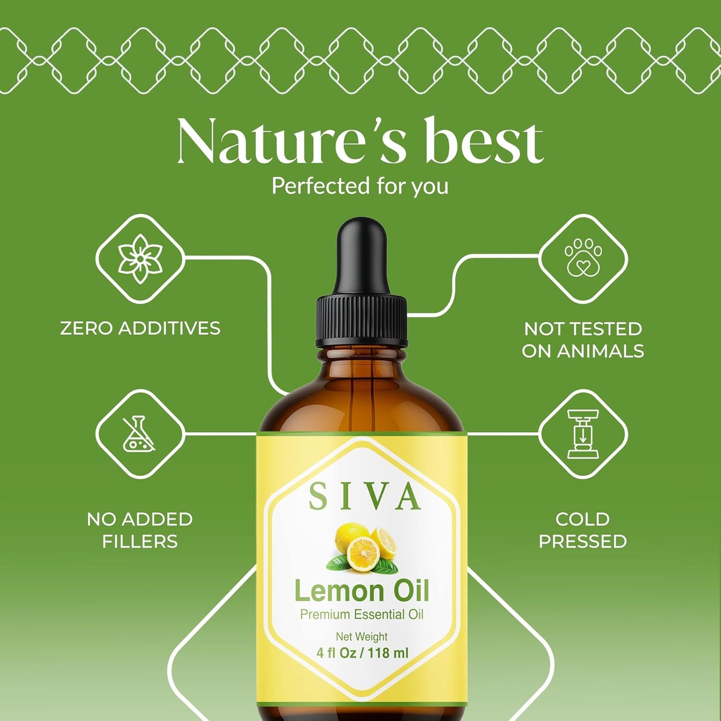 Siva Lemon Essential Oil - 4 Fl Oz – 100% Natural Lemon Oil - for Diffuser, Face, Skin Care, Aromatherapy, Hair Care, Scalp and Body Massage - with Dropper