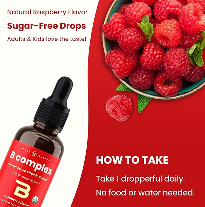 USDA Organic Vitamin B Complex Liquid Drops | B Vitamins Complex Supplement with B1, B2, B3, B6, B7, B9 & Methyl B12 Drops for Adults & Kids | Vegan Berry Flavor 2oz | 60 Servings / 2 Month Supply