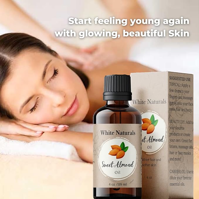 Sweet Almond Oil for Hair and Skin, 100% Pure and Natural Cold Pressed, Hexane Free, Skin Moisturizer, Nails, Massage, Carrier Oil