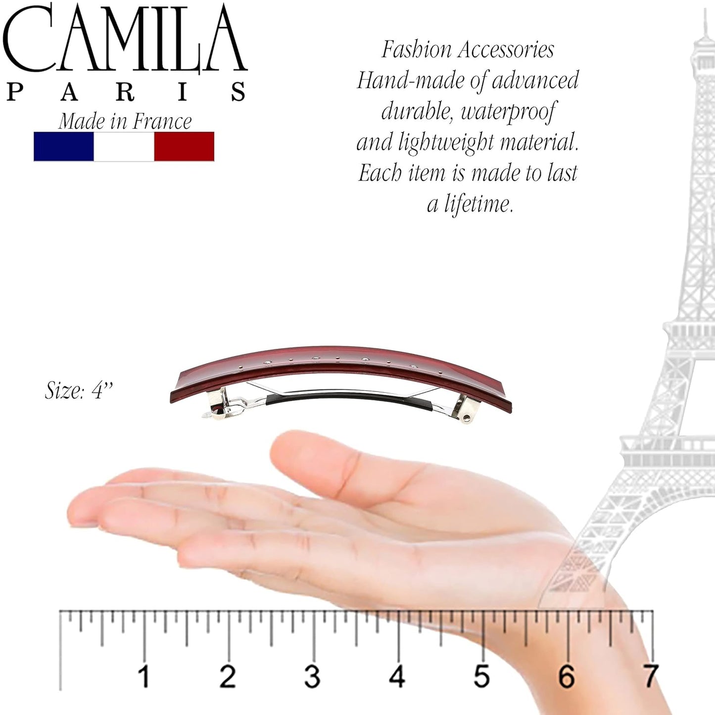 Camila Paris CP3190 French Hair Barrette Clip for Girls, Red, Rubberized Automatic Clasp Strong Hold Grip Hair Clips for Women, No Slip and Durable Styling Girls Hair Accessories, Made in France