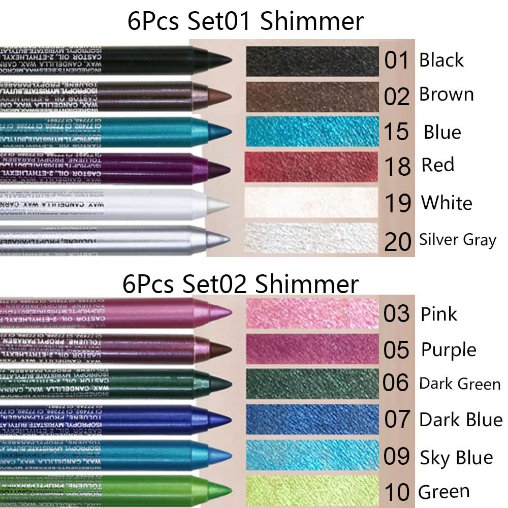 evpct 6Pcs Blue Colored Glitter Eyeliner Pencils Set,Dark Light Blue Green Purple Red Pink Metallic Colorful Liquid Eye Liner Set Women Waterproof