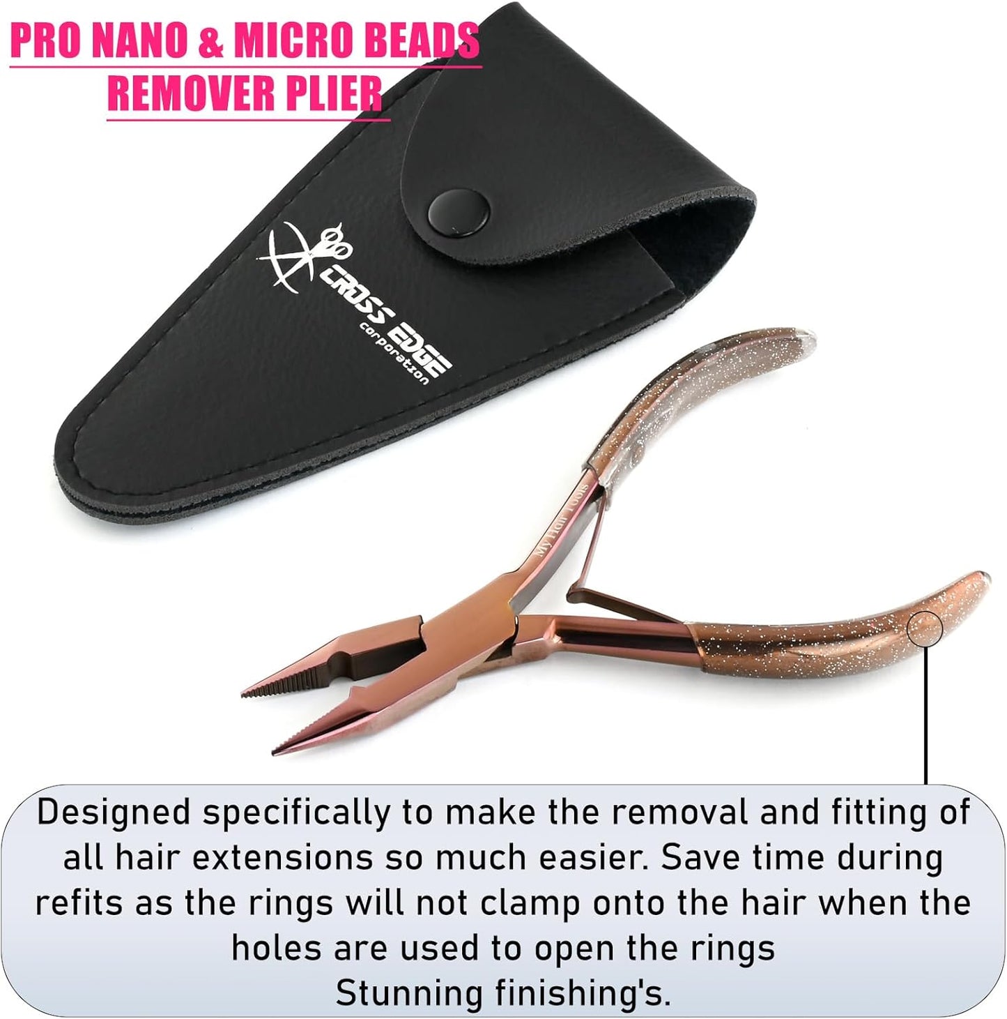 Professional Hair Extension Tools Microlink Bead Remover Plier for Hair Extensions Removal Micro Ring Beads Opener 5.5 Inch Pliers Silver Polish Stainless Steel (Rose Gold Glitter Applicator)