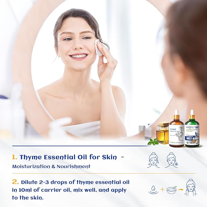 HIQILI 3.38 Fl Oz Thyme Essential Oil, 100% Pure Undiluted for Hair, Skin, Diffuser, Aromatherapy, Includes 10ML Travel Bottle - 100ML