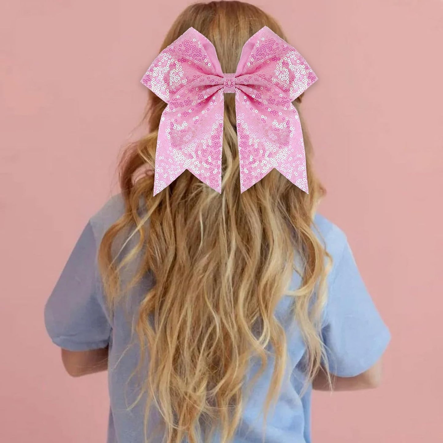 Large Big 7 Inch Glitter Bow Clip Sequin Bling Party Hair Accessories for Women Teens Girls Kids 2 Pcs (Pink, Light Purple)