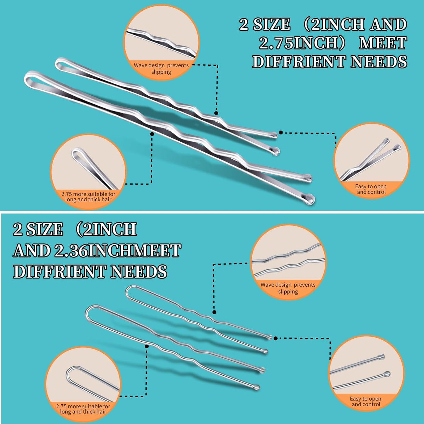 Teenitor 300pcs Silver Bobby Pins Hair Pins Kit, 100pcs Bobby Pins 100 Hair Pins for Women for Buns, 100pcs Hair Bands, 2" 2.36", Silver Bobb y Pins for Gray Hair 2" 2.75"