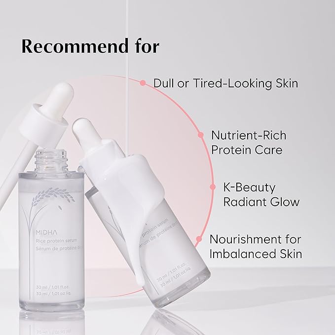 MIDHA Rice Protein Serum, 1.01fl.oz/30ml, Deep hydration, Moisture balance, Firm elasticity, Skin barrier support, Ceramide skincare, Non-greasy finish, Smooth and hydrated, vegan
