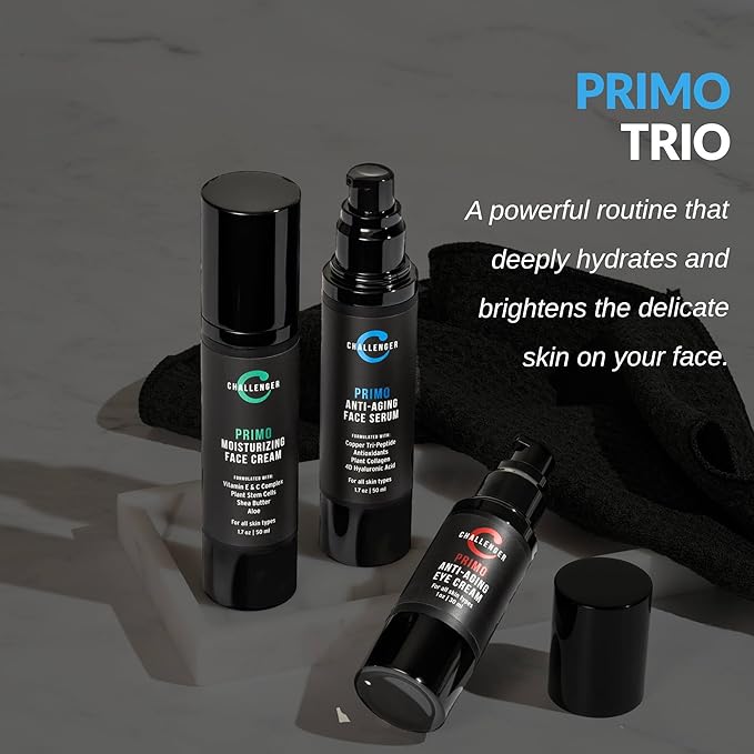 Challenger Men's Primo Anti-Aging Trio - Face Serum, Moisturizer, & Eye Cream - Plant Stem Cells, Matrixyl 300, Vitamin C, Hyaluronic Acid