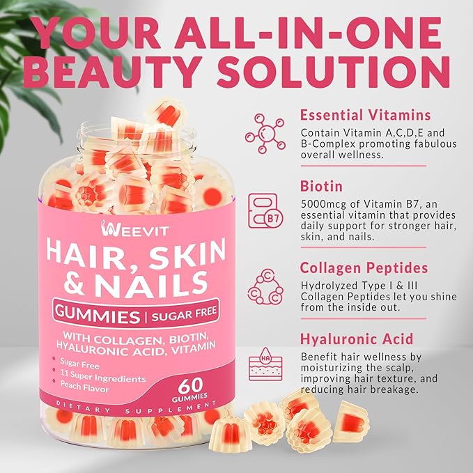 Hair Skin and Nails Gummies - Vegan Biotin 5000mcg Vitamins for Women & Men Supports Faster Hair Growth, Stronger Nails, Glowing Skin