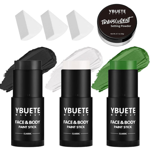 Black White Green Face Body Paint Stick Set with Translucent Setting Powder and Sponges, Professional Full Coverage Face Painting for Adults Halloween Cosplay SFX Skeleton Witch Hulk Makeup