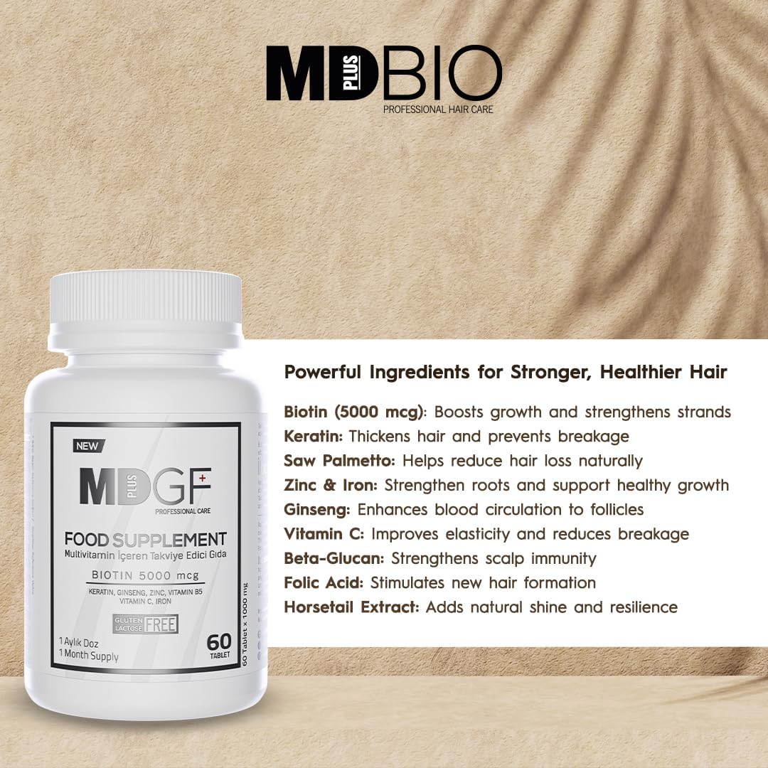 MD PLUS BIO Anti Hair Loss Vitamin Products - Supplement for Hair and Beard Growth - Men and Women with Biotin, Saw Palmetto, Collagen, Keratin, Ginseng and Vitamins -DHT Blocker