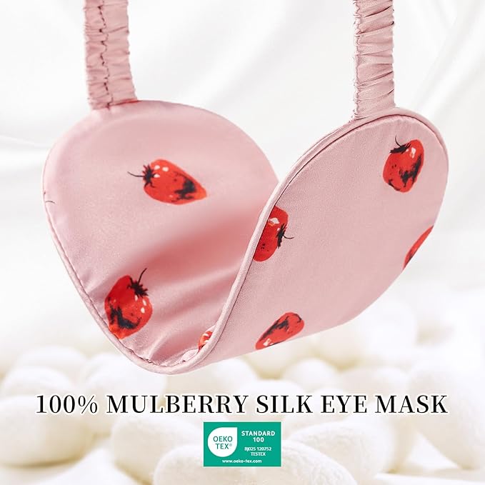 THXSILK Sleep Mask 100% 19 Momme Pure Mulberry Silk Super Smooth Cooling Decorative Sleep Eye Mask Blackout Eye Cover with Wide Head Strap, Strawberry-Pink