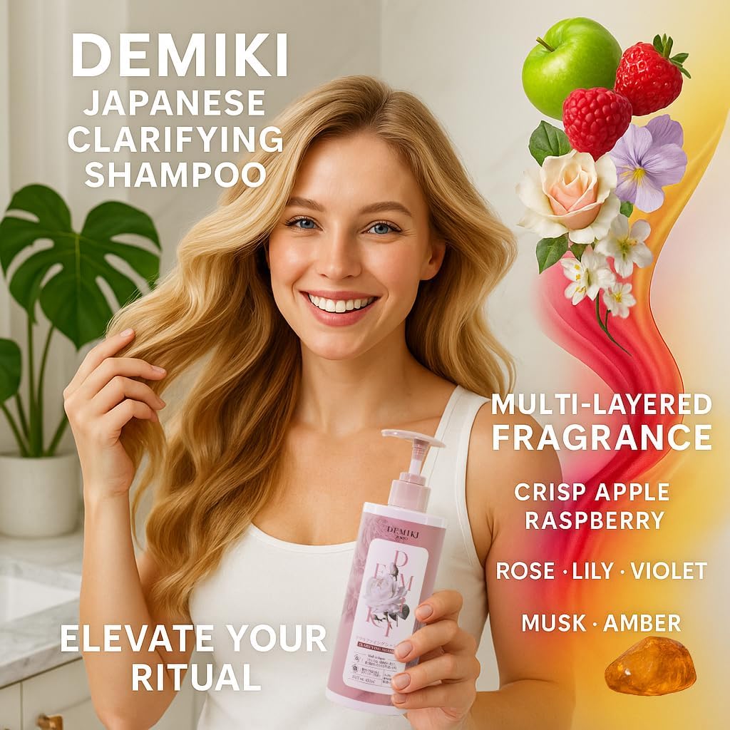 DEMIKI Shampoo for Women,Japanese Shampoo for Oily Hair, Keratin Care,Organic Rose Scent, Pink, Clarifying, Moisturizing, Anti Dandruff, Volumizing Hair Care, Sulfate Free & Paraben Free, 450ml,16oz